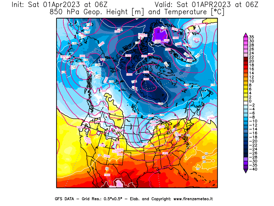 GFS analysi map - Geopotential [m] and Temperature [°C] at 850 hPa in North America
									on 01/04/2023 06 <!--googleoff: index-->UTC<!--googleon: index-->