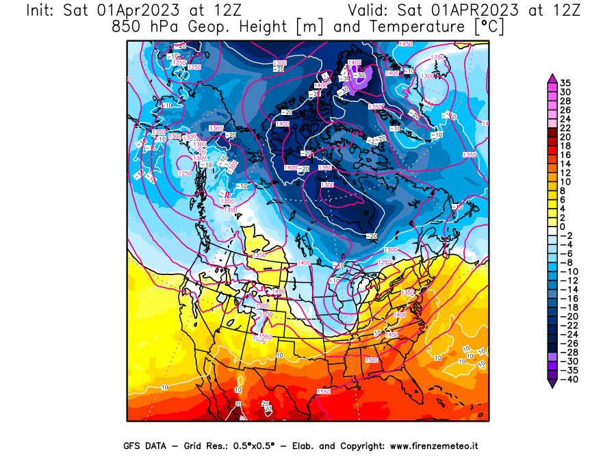 GFS analysi map - Geopotential [m] and Temperature [°C] at 850 hPa in North America
									on 01/04/2023 12 <!--googleoff: index-->UTC<!--googleon: index-->
