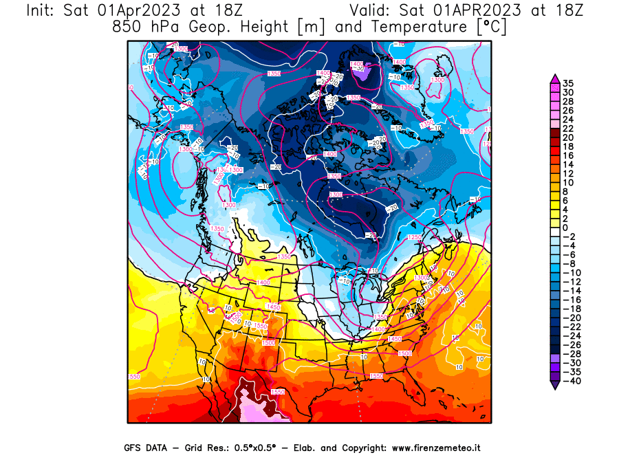 GFS analysi map - Geopotential [m] and Temperature [°C] at 850 hPa in North America
									on 01/04/2023 18 <!--googleoff: index-->UTC<!--googleon: index-->