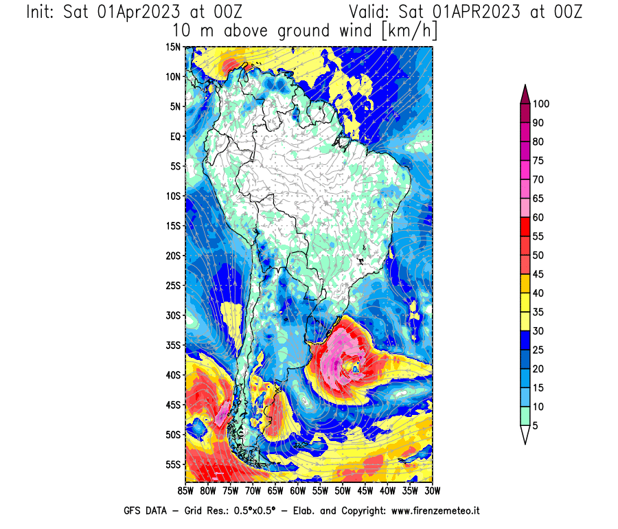 Mappa di analisi GFS - Velocità del vento a 10 metri dal suolo [km/h] in Sud-America
							del 01/04/2023 00 <!--googleoff: index-->UTC<!--googleon: index-->