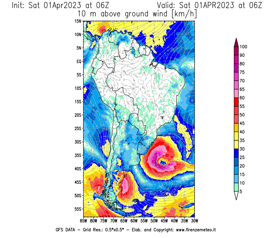 Mappa di analisi GFS - Velocità del vento a 10 metri dal suolo [km/h] in Sud-America
							del 01/04/2023 06 <!--googleoff: index-->UTC<!--googleon: index-->