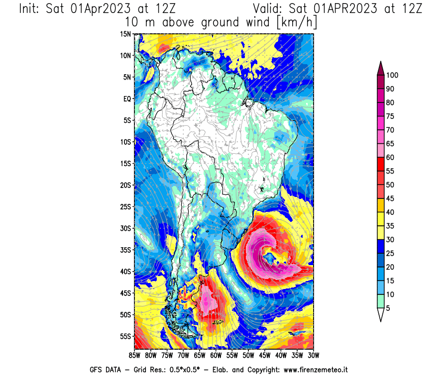 Mappa di analisi GFS - Velocità del vento a 10 metri dal suolo [km/h] in Sud-America
							del 01/04/2023 12 <!--googleoff: index-->UTC<!--googleon: index-->