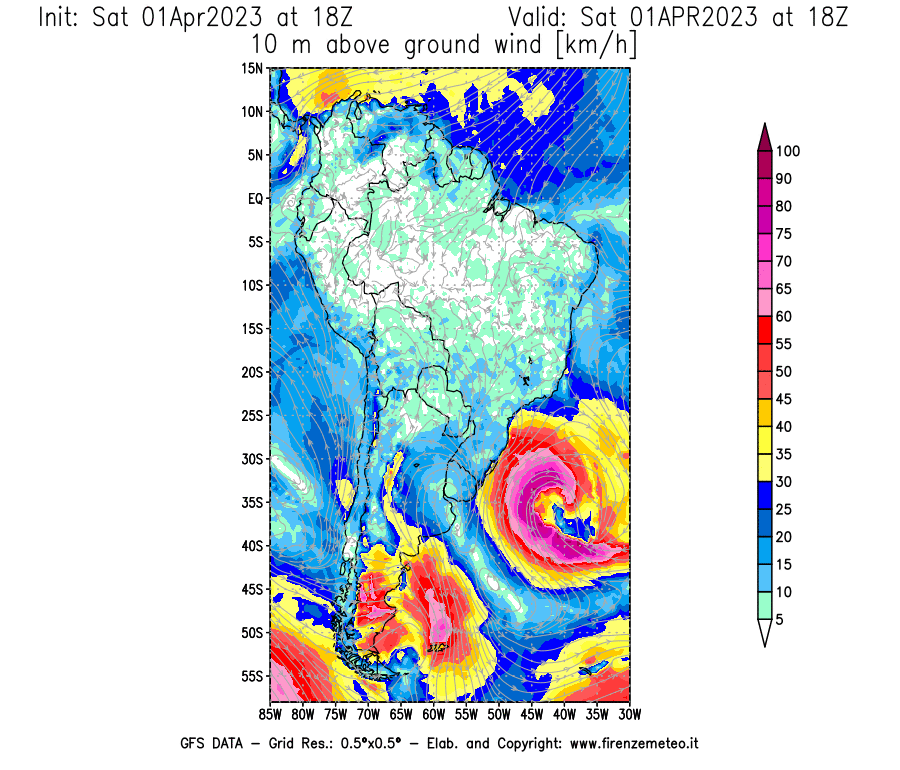 Mappa di analisi GFS - Velocità del vento a 10 metri dal suolo [km/h] in Sud-America
							del 01/04/2023 18 <!--googleoff: index-->UTC<!--googleon: index-->