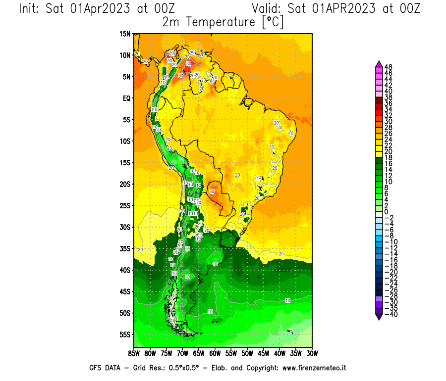 Mappa di analisi GFS - Temperatura a 2 metri dal suolo [°C] in Sud-America
							del 01/04/2023 00 <!--googleoff: index-->UTC<!--googleon: index-->