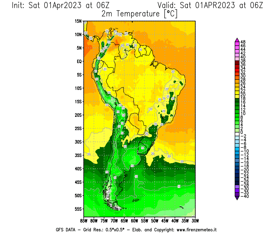 GFS analysi map - Temperature at 2 m above ground [°C] in South America
									on 01/04/2023 06 <!--googleoff: index-->UTC<!--googleon: index-->