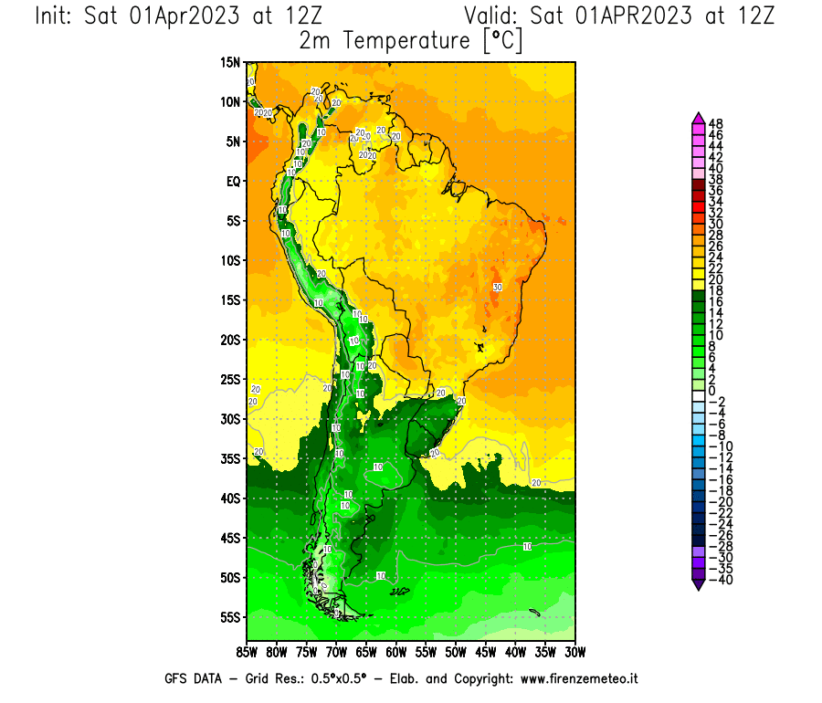 GFS analysi map - Temperature at 2 m above ground [°C] in South America
									on 01/04/2023 12 <!--googleoff: index-->UTC<!--googleon: index-->