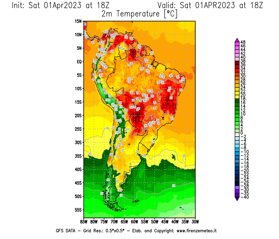 GFS analysi map - Temperature at 2 m above ground [°C] in South America
									on 01/04/2023 18 <!--googleoff: index-->UTC<!--googleon: index-->
