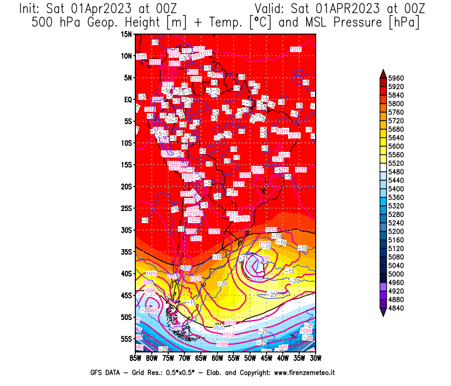 Mappa di analisi GFS - Geopotenziale [m] + Temp. [°C] a 500 hPa + Press. a livello del mare [hPa] in Sud-America
							del 01/04/2023 00 <!--googleoff: index-->UTC<!--googleon: index-->