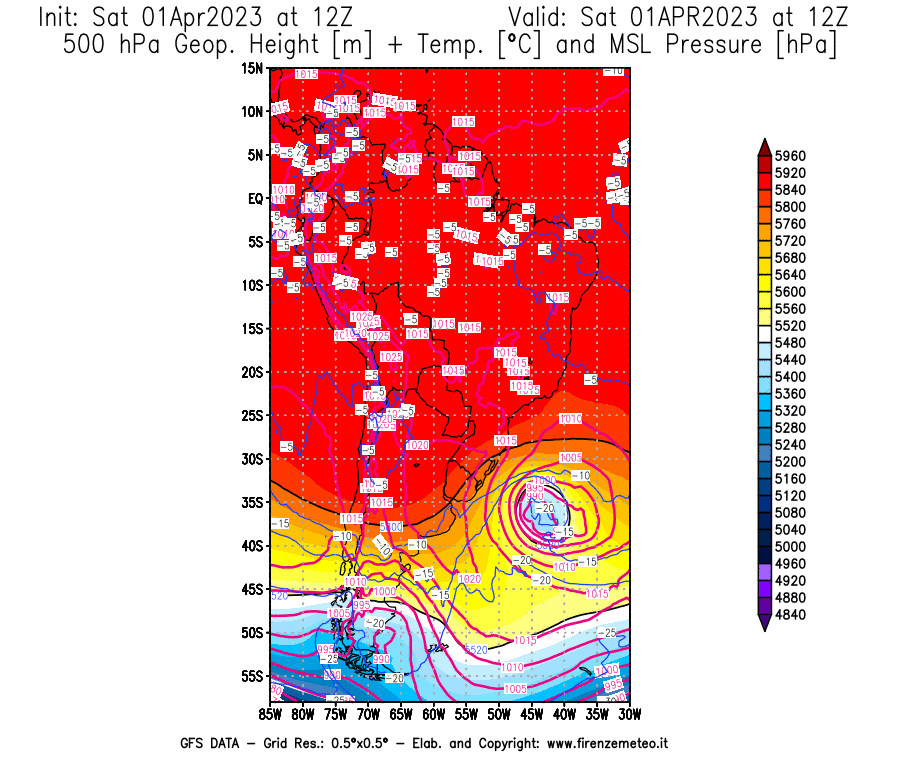 Mappa di analisi GFS - Geopotenziale [m] + Temp. [°C] a 500 hPa + Press. a livello del mare [hPa] in Sud-America
							del 01/04/2023 12 <!--googleoff: index-->UTC<!--googleon: index-->
