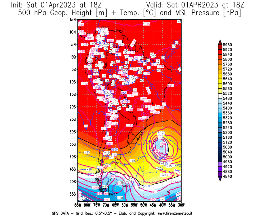 Mappa di analisi GFS - Geopotenziale [m] + Temp. [°C] a 500 hPa + Press. a livello del mare [hPa] in Sud-America
							del 01/04/2023 18 <!--googleoff: index-->UTC<!--googleon: index-->
