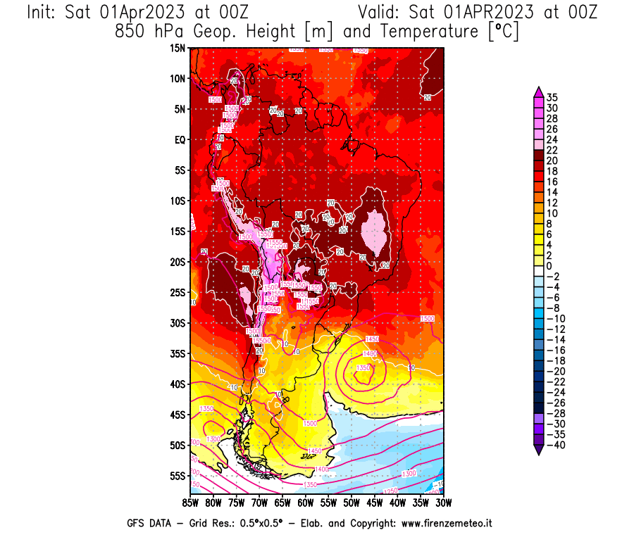 Mappa di analisi GFS - Geopotenziale [m] e Temperatura [°C] a 850 hPa in Sud-America
							del 01/04/2023 00 <!--googleoff: index-->UTC<!--googleon: index-->