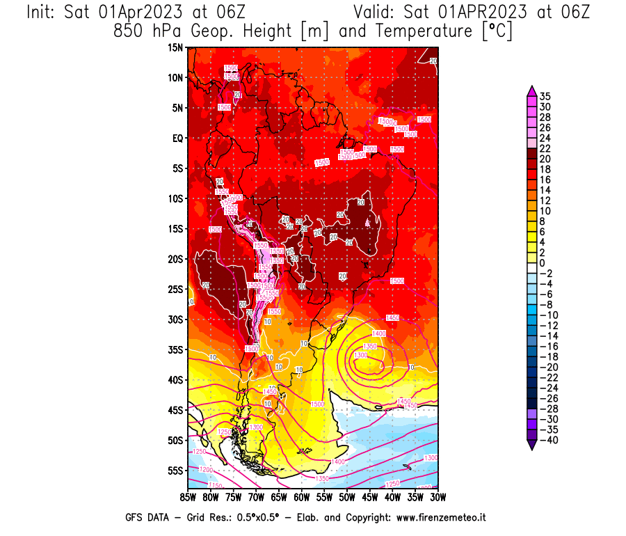 Mappa di analisi GFS - Geopotenziale [m] e Temperatura [°C] a 850 hPa in Sud-America
							del 01/04/2023 06 <!--googleoff: index-->UTC<!--googleon: index-->