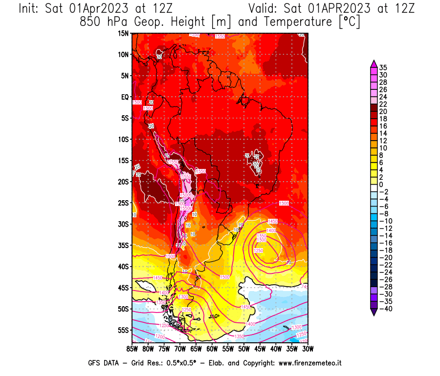 Mappa di analisi GFS - Geopotenziale [m] e Temperatura [°C] a 850 hPa in Sud-America
							del 01/04/2023 12 <!--googleoff: index-->UTC<!--googleon: index-->