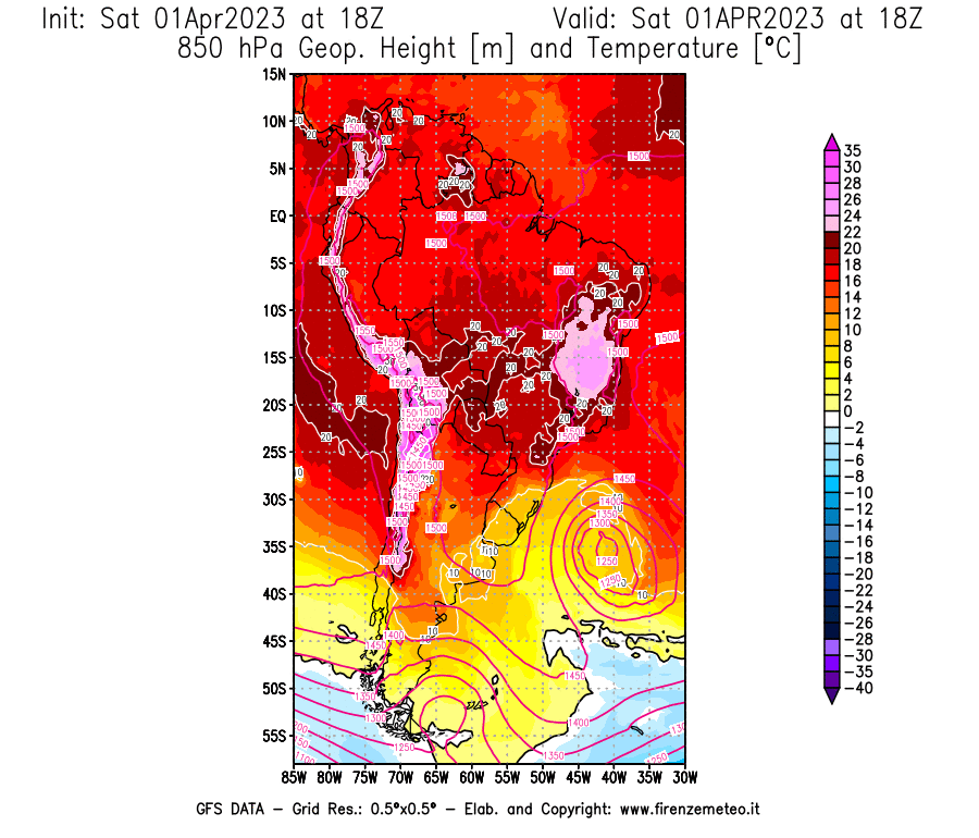 Mappa di analisi GFS - Geopotenziale [m] e Temperatura [°C] a 850 hPa in Sud-America
							del 01/04/2023 18 <!--googleoff: index-->UTC<!--googleon: index-->