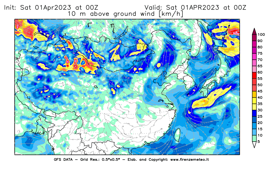 Mappa di analisi GFS - Velocità del vento a 10 metri dal suolo [km/h] in Asia Orientale
							del 01/04/2023 00 <!--googleoff: index-->UTC<!--googleon: index-->