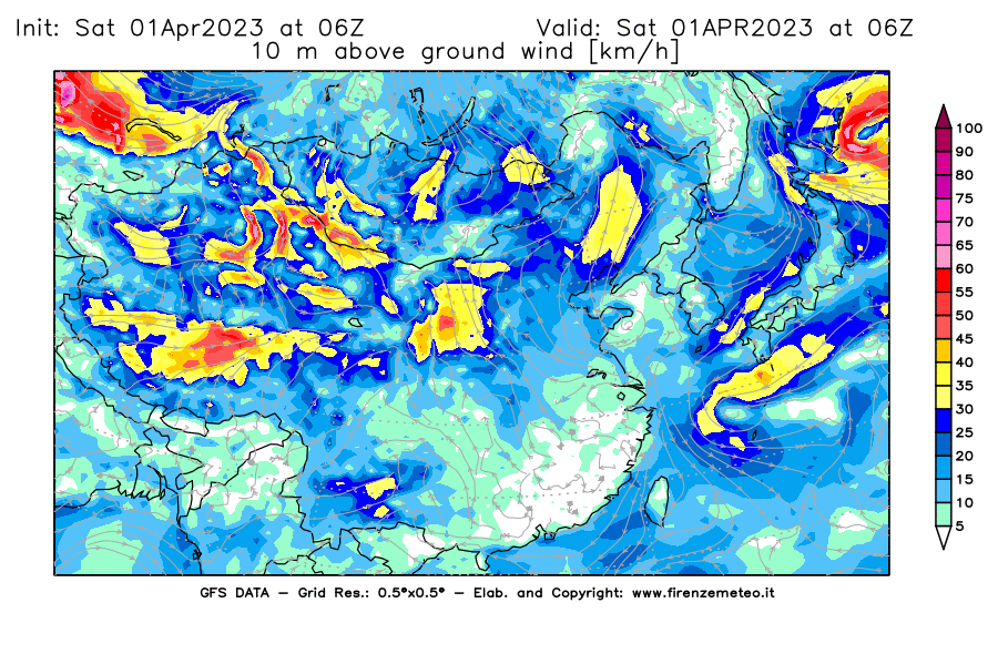 Mappa di analisi GFS - Velocità del vento a 10 metri dal suolo [km/h] in Asia Orientale
							del 01/04/2023 06 <!--googleoff: index-->UTC<!--googleon: index-->