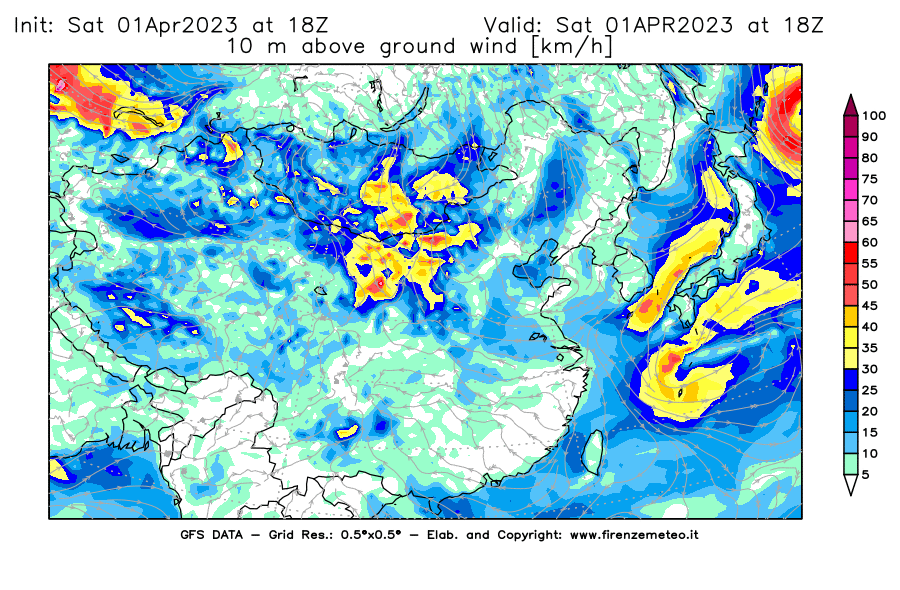 Mappa di analisi GFS - Velocità del vento a 10 metri dal suolo [km/h] in Asia Orientale
							del 01/04/2023 18 <!--googleoff: index-->UTC<!--googleon: index-->