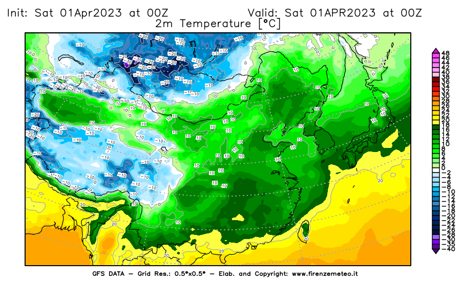 GFS analysi map - Temperature at 2 m above ground [°C] in East Asia
									on 01/04/2023 00 <!--googleoff: index-->UTC<!--googleon: index-->