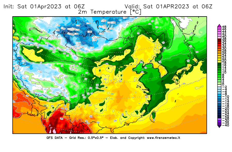 GFS analysi map - Temperature at 2 m above ground [°C] in East Asia
									on 01/04/2023 06 <!--googleoff: index-->UTC<!--googleon: index-->