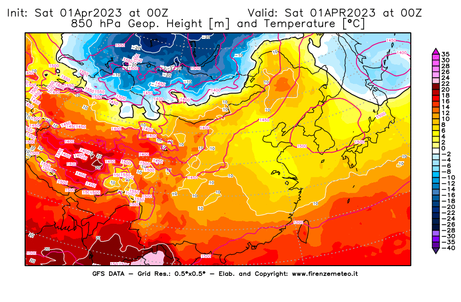 GFS analysi map - Geopotential [m] and Temperature [°C] at 850 hPa in East Asia
									on 01/04/2023 00 <!--googleoff: index-->UTC<!--googleon: index-->