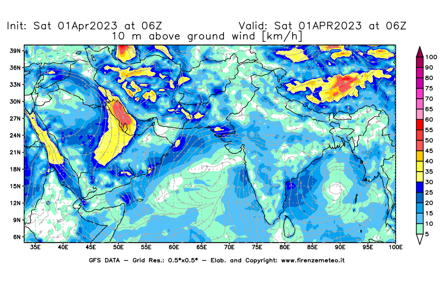 Mappa di analisi GFS - Velocità del vento a 10 metri dal suolo [km/h] in Asia Sud-Occidentale
							del 01/04/2023 06 <!--googleoff: index-->UTC<!--googleon: index-->