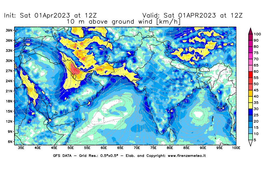 Mappa di analisi GFS - Velocità del vento a 10 metri dal suolo [km/h] in Asia Sud-Occidentale
							del 01/04/2023 12 <!--googleoff: index-->UTC<!--googleon: index-->