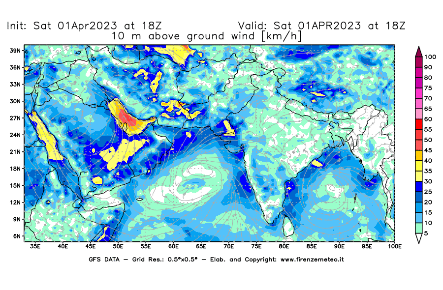 GFS analysi map - Wind Speed at 10 m above ground [km/h] in South West Asia 
									on 01/04/2023 18 <!--googleoff: index-->UTC<!--googleon: index-->