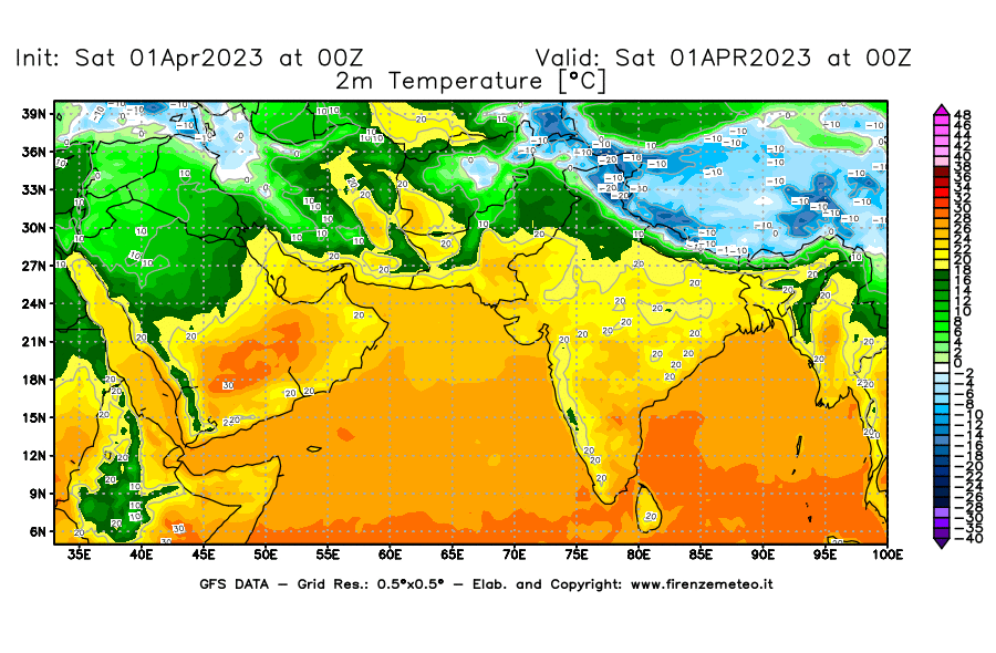 GFS analysi map - Temperature at 2 m above ground [°C] in South West Asia 
									on 01/04/2023 00 <!--googleoff: index-->UTC<!--googleon: index-->
