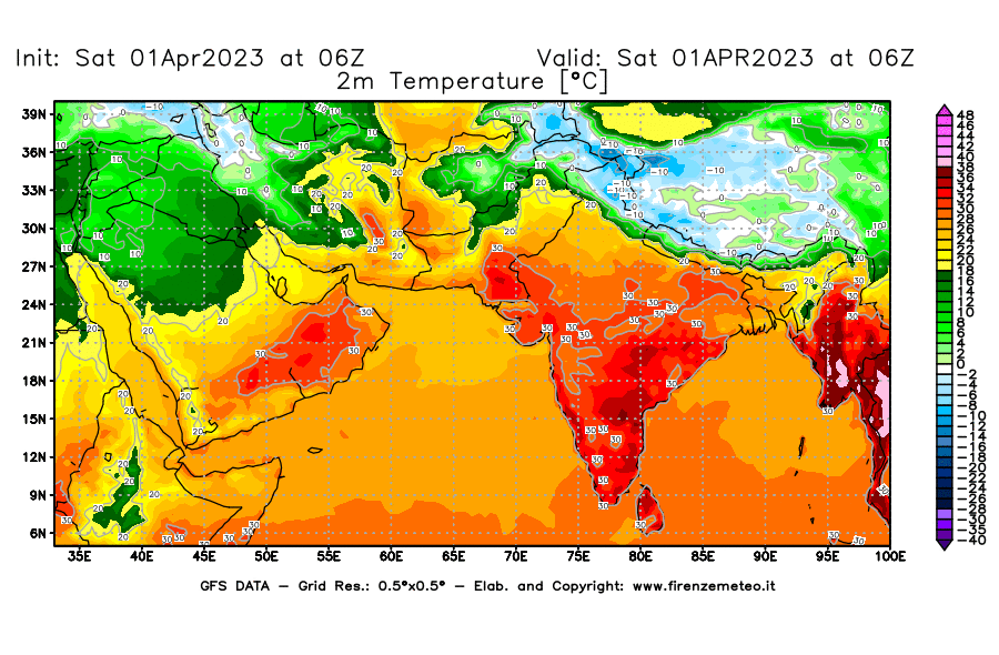 Mappa di analisi GFS - Temperatura a 2 metri dal suolo [°C] in Asia Sud-Occidentale
							del 01/04/2023 06 <!--googleoff: index-->UTC<!--googleon: index-->