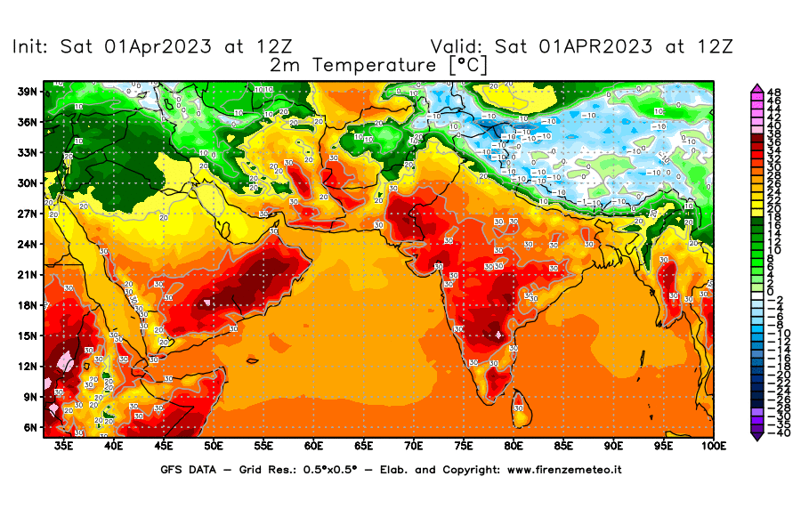 GFS analysi map - Temperature at 2 m above ground [°C] in South West Asia 
									on 01/04/2023 12 <!--googleoff: index-->UTC<!--googleon: index-->