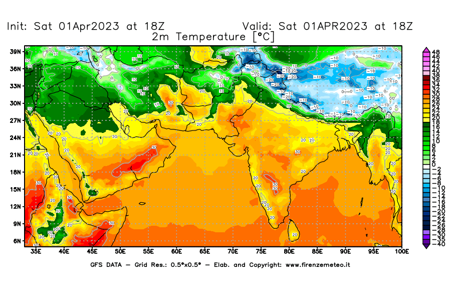 Mappa di analisi GFS - Temperatura a 2 metri dal suolo [°C] in Asia Sud-Occidentale
							del 01/04/2023 18 <!--googleoff: index-->UTC<!--googleon: index-->