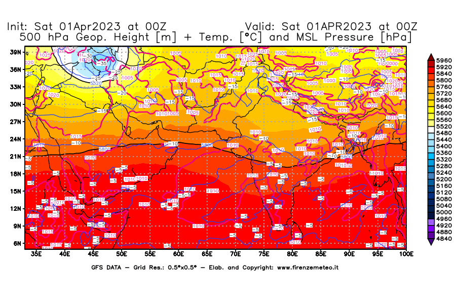 Mappa di analisi GFS - Geopotenziale [m] + Temp. [°C] a 500 hPa + Press. a livello del mare [hPa] in Asia Sud-Occidentale
							del 01/04/2023 00 <!--googleoff: index-->UTC<!--googleon: index-->