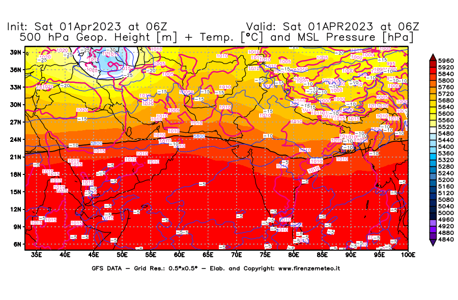 Mappa di analisi GFS - Geopotenziale [m] + Temp. [°C] a 500 hPa + Press. a livello del mare [hPa] in Asia Sud-Occidentale
							del 01/04/2023 06 <!--googleoff: index-->UTC<!--googleon: index-->