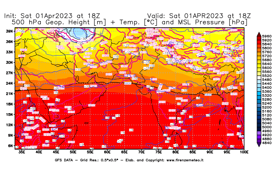 Mappa di analisi GFS - Geopotenziale [m] + Temp. [°C] a 500 hPa + Press. a livello del mare [hPa] in Asia Sud-Occidentale
							del 01/04/2023 18 <!--googleoff: index-->UTC<!--googleon: index-->