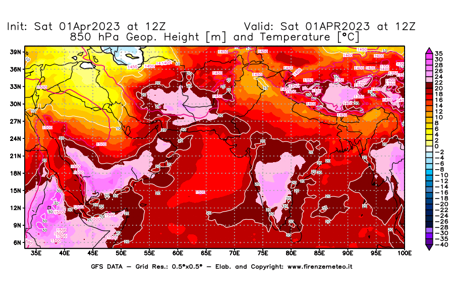 Mappa di analisi GFS - Geopotenziale [m] e Temperatura [°C] a 850 hPa in Asia Sud-Occidentale
							del 01/04/2023 12 <!--googleoff: index-->UTC<!--googleon: index-->