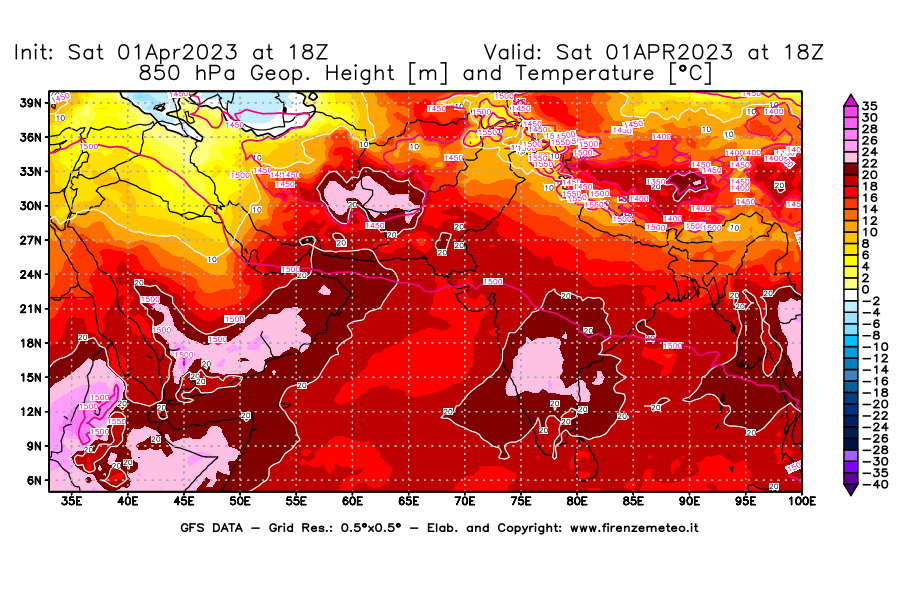 Mappa di analisi GFS - Geopotenziale [m] e Temperatura [°C] a 850 hPa in Asia Sud-Occidentale
							del 01/04/2023 18 <!--googleoff: index-->UTC<!--googleon: index-->