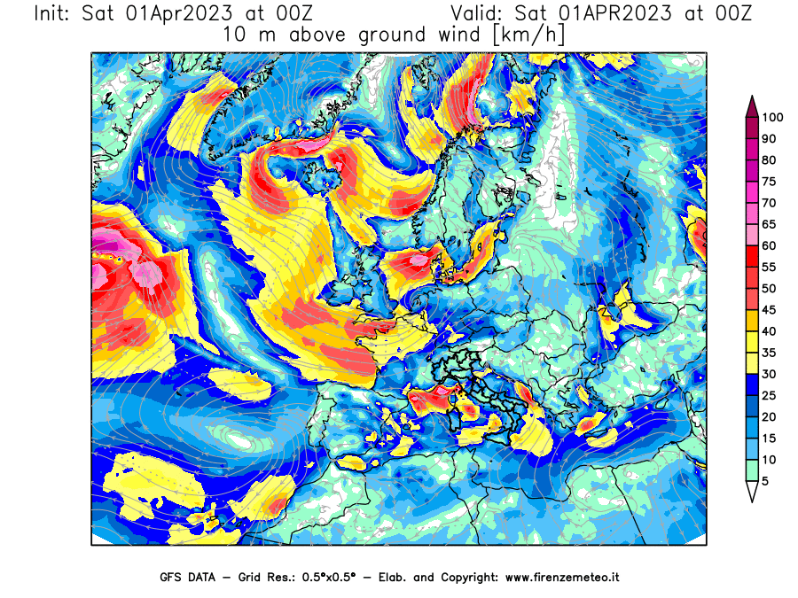 Mappa di analisi GFS - Velocità del vento a 10 metri dal suolo [km/h] in Europa
							del 01/04/2023 00 <!--googleoff: index-->UTC<!--googleon: index-->