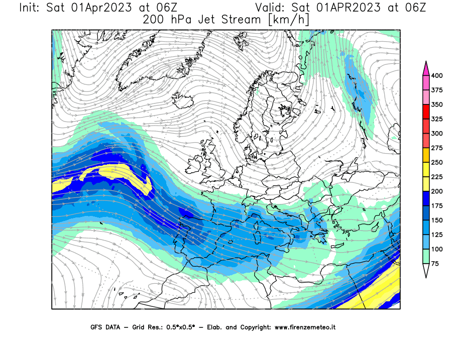 Mappa di analisi GFS - Jet Stream a 200 hPa in Europa
							del 01/04/2023 06 <!--googleoff: index-->UTC<!--googleon: index-->
