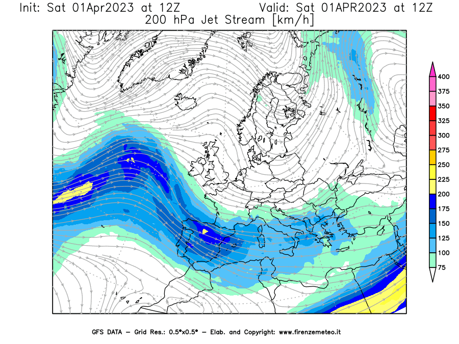 Mappa di analisi GFS - Jet Stream a 200 hPa in Europa
							del 01/04/2023 12 <!--googleoff: index-->UTC<!--googleon: index-->