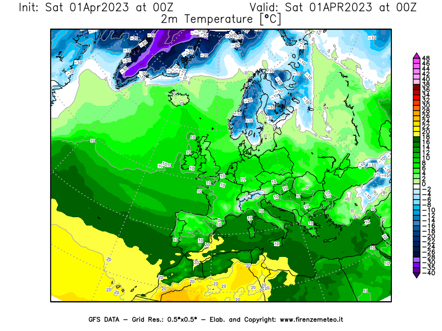 GFS analysi map - Temperature at 2 m above ground [°C] in Europe
									on 01/04/2023 00 <!--googleoff: index-->UTC<!--googleon: index-->
