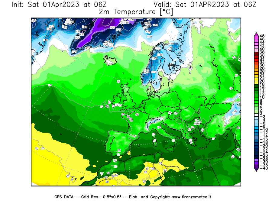 Mappa di analisi GFS - Temperatura a 2 metri dal suolo [°C] in Europa
							del 01/04/2023 06 <!--googleoff: index-->UTC<!--googleon: index-->