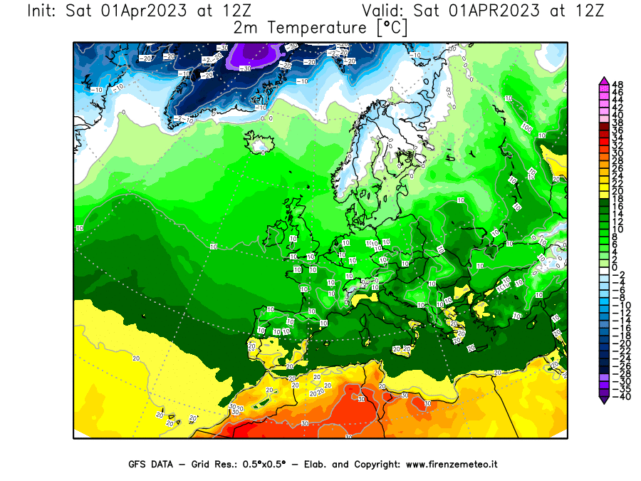 GFS analysi map - Temperature at 2 m above ground [°C] in Europe
									on 01/04/2023 12 <!--googleoff: index-->UTC<!--googleon: index-->
