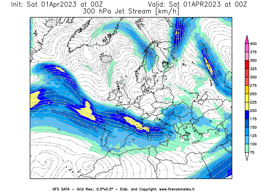GFS analysi map - Jet Stream at 300 hPa in Europe
									on 01/04/2023 00 <!--googleoff: index-->UTC<!--googleon: index-->