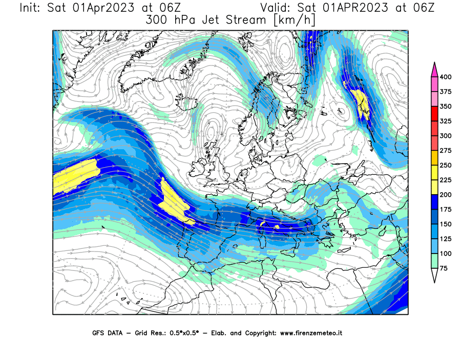 GFS analysi map - Jet Stream at 300 hPa in Europe
									on 01/04/2023 06 <!--googleoff: index-->UTC<!--googleon: index-->
