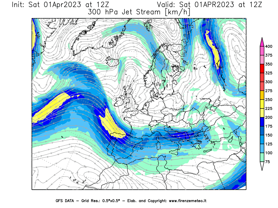 GFS analysi map - Jet Stream at 300 hPa in Europe
									on 01/04/2023 12 <!--googleoff: index-->UTC<!--googleon: index-->