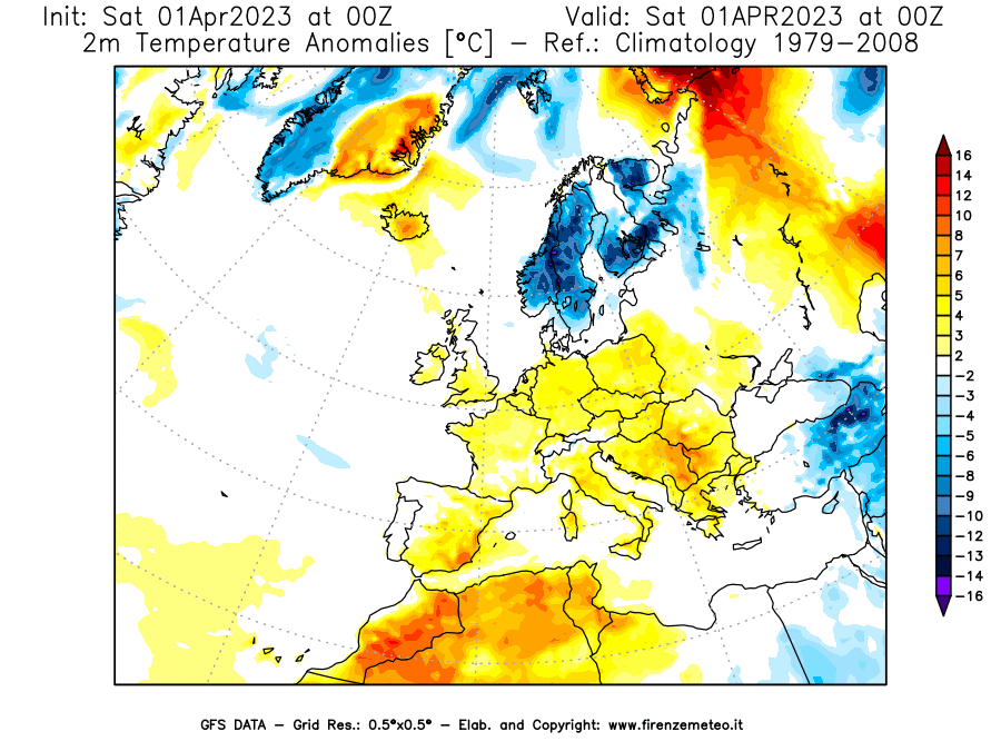 Mappa di analisi GFS - Anomalia Temperatura [°C] a 2 m in Europa
							del 01/04/2023 00 <!--googleoff: index-->UTC<!--googleon: index-->