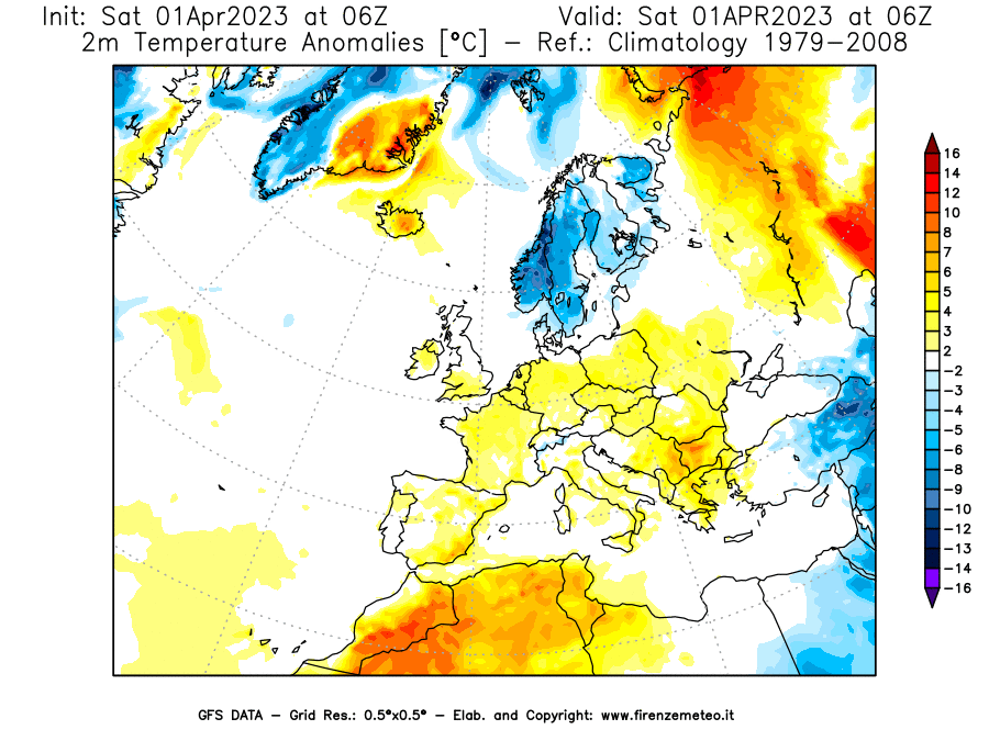 Mappa di analisi GFS - Anomalia Temperatura [°C] a 2 m in Europa
							del 01/04/2023 06 <!--googleoff: index-->UTC<!--googleon: index-->