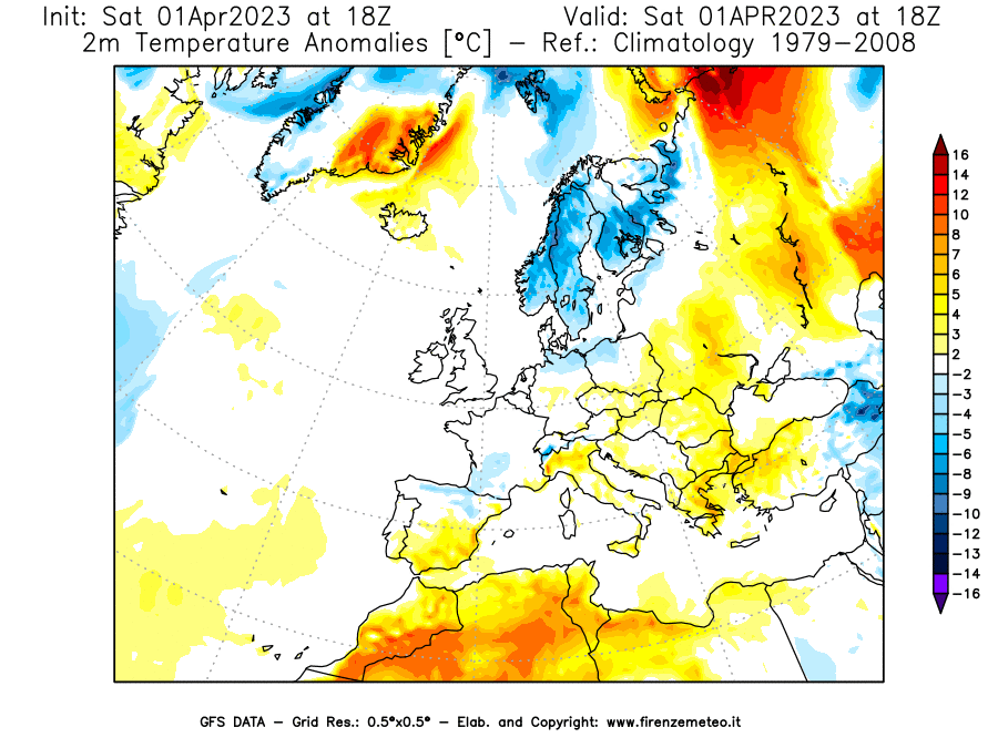 GFS analysi map - Temperature Anomalies [°C] at 2 m in Europe
									on 01/04/2023 18 <!--googleoff: index-->UTC<!--googleon: index-->
