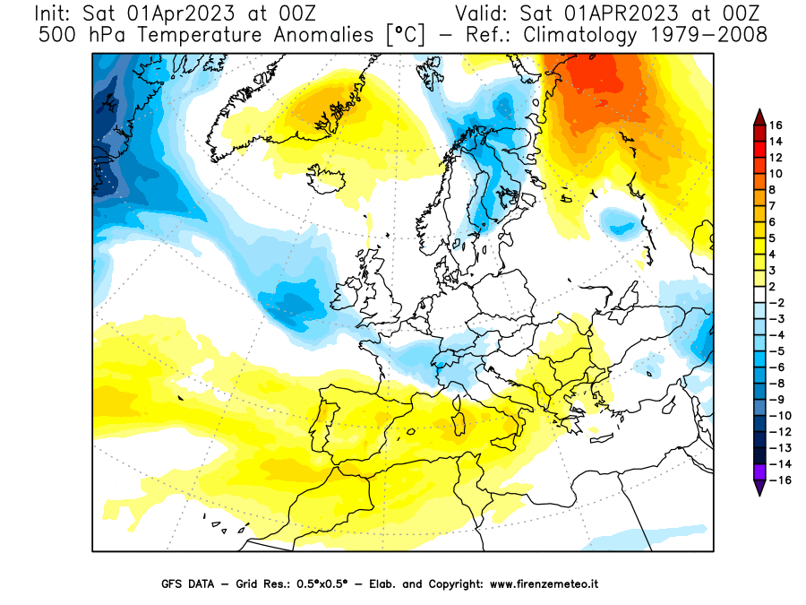 Mappa di analisi GFS - Anomalia Temperatura [°C] a 500 hPa in Europa
							del 01/04/2023 00 <!--googleoff: index-->UTC<!--googleon: index-->