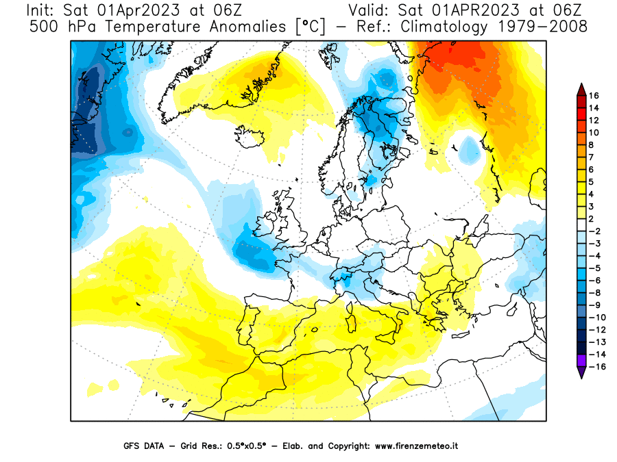 Mappa di analisi GFS - Anomalia Temperatura [°C] a 500 hPa in Europa
							del 01/04/2023 06 <!--googleoff: index-->UTC<!--googleon: index-->